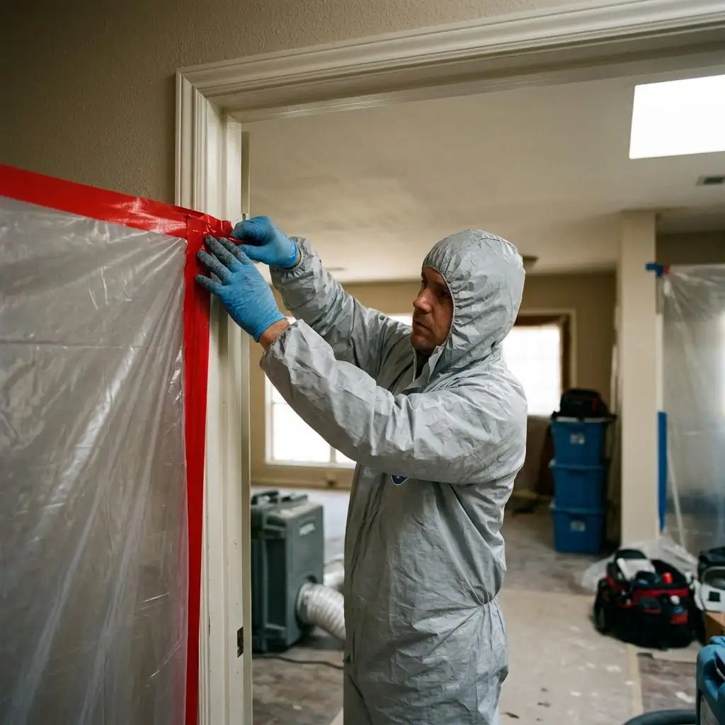 Technician carefully taping plastic containment sheeting along a doorway