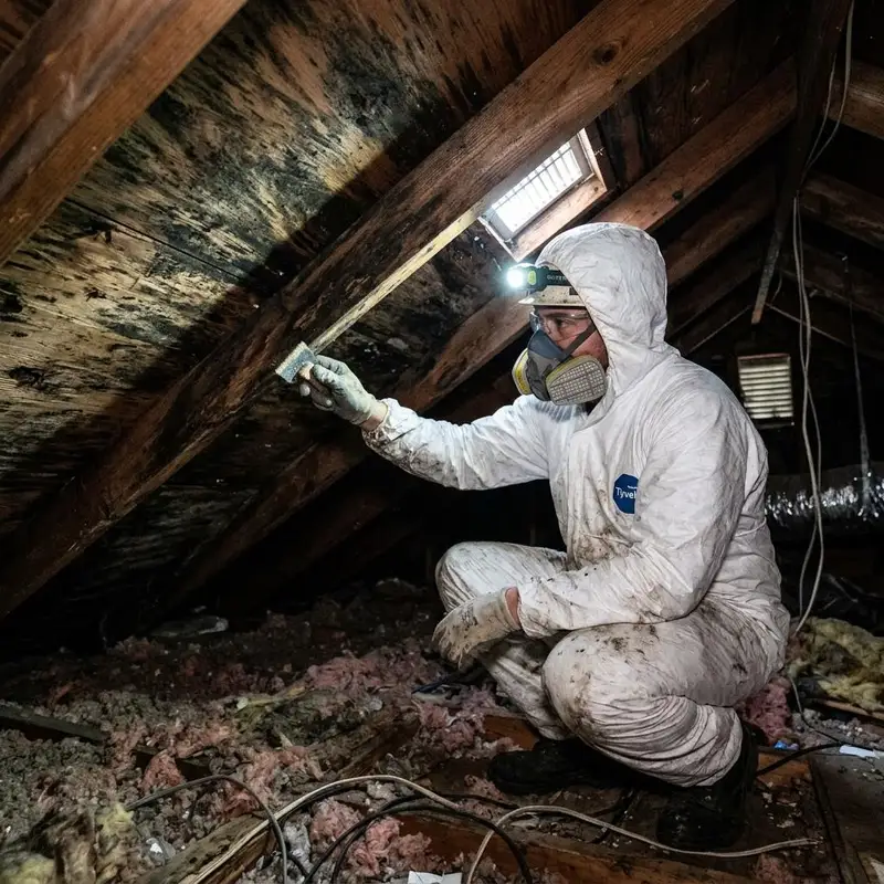 Attic roof sheathing and rafters with dark mold staining above insulation