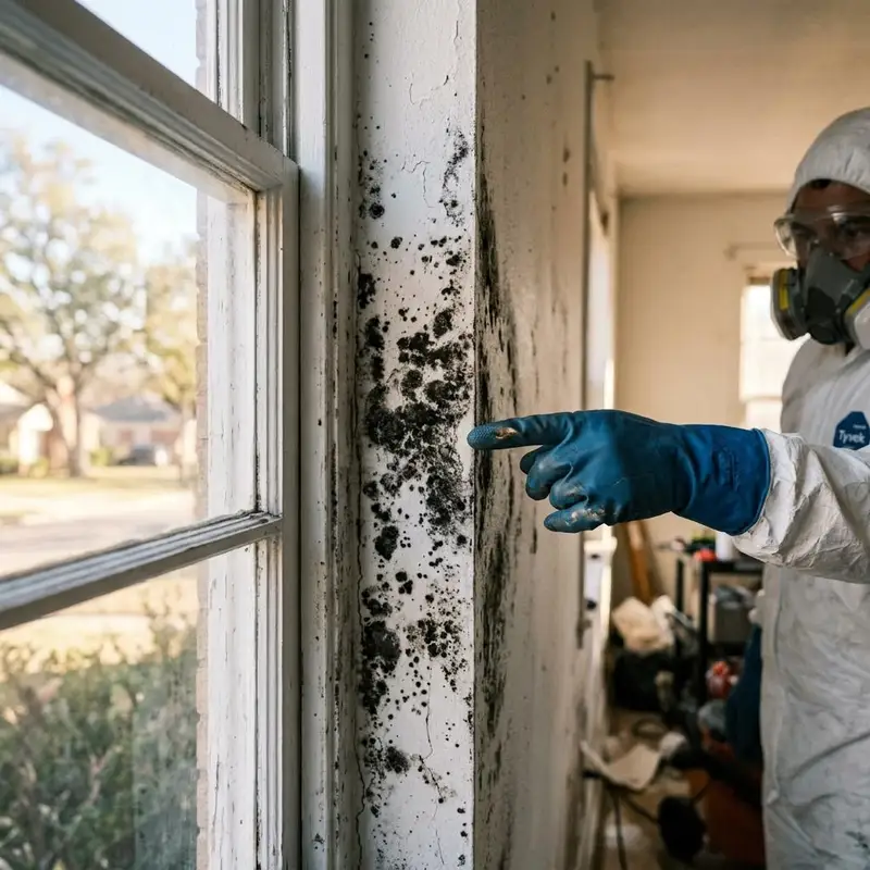 Dark mold colonies spreading across a painted wall corner beside a window