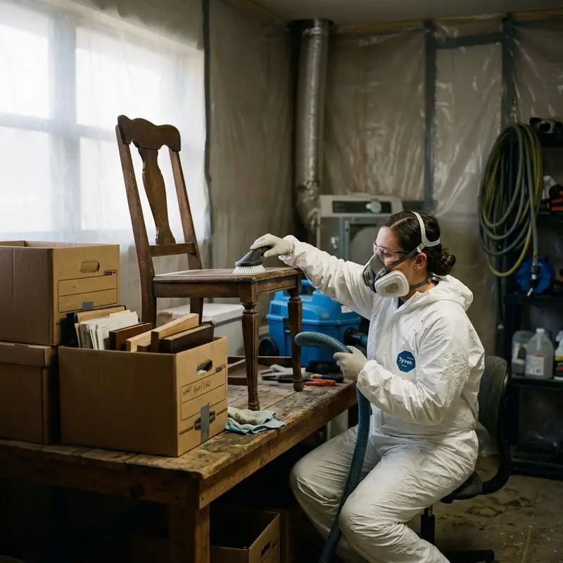 Technician cleaning a wooden chair with a HEPA vacuum beside boxes of household belongings