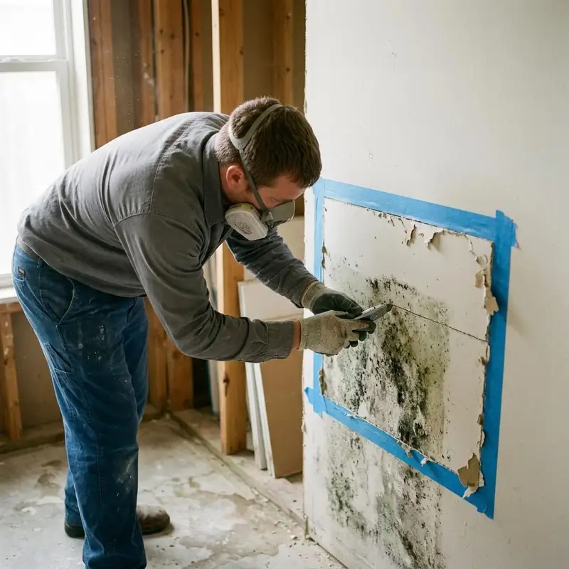 Technician cutting out a moldy drywall section outlined with painters tape