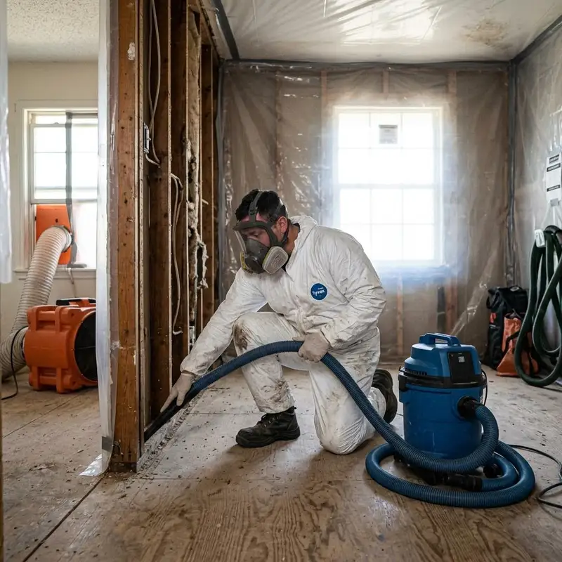 Technician using a HEPA vacuum on exposed wall studs and subfloor inside containment