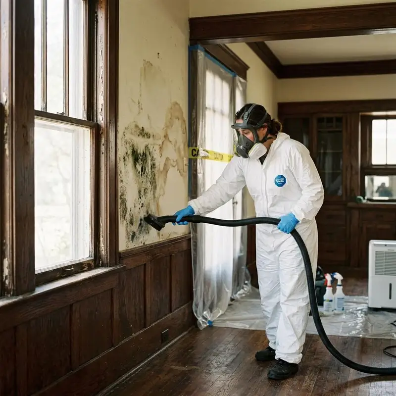 Historic bungalow interior with original wood trim and a plaster wall showing moisture staining