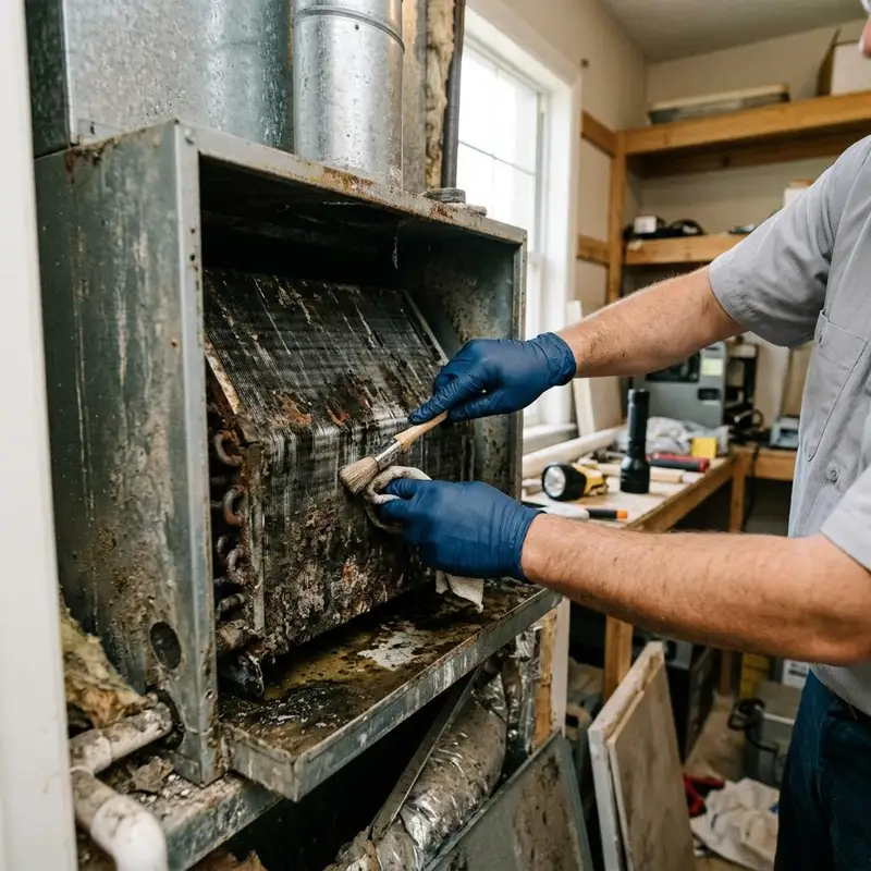 Opened indoor air handler showing the evaporator coil and drain pan with gloved hands