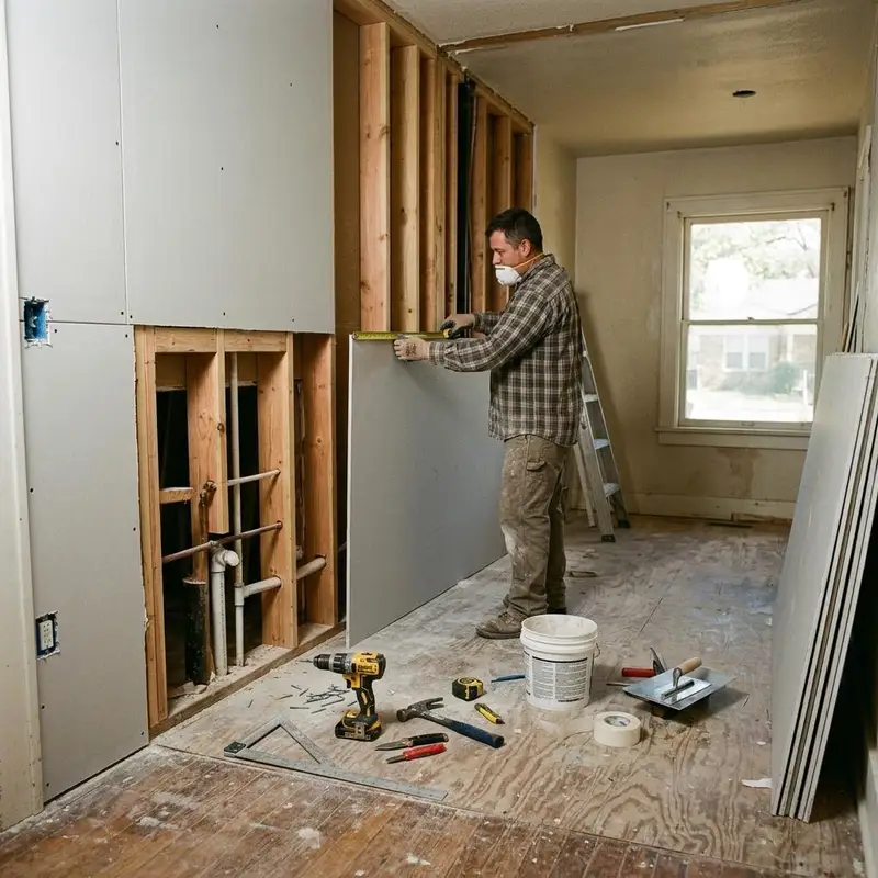Room being rebuilt with new drywall panels and clean wood studs after mold removal