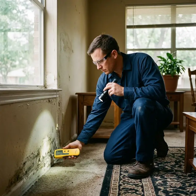 Inspector checking a stained living room wall with a moisture meter and flashlight