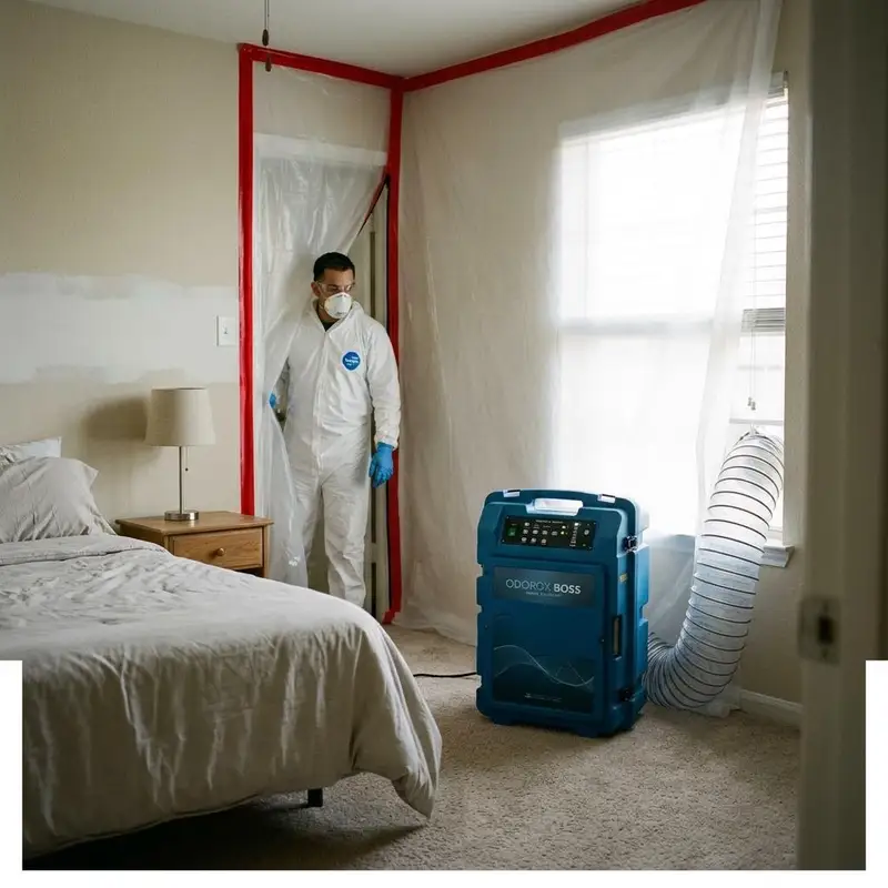 Air scrubber machine running in a closed, clean bedroom with soft light