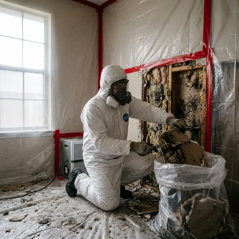 Technician in a protective suit and respirator removing drywall inside plastic containment