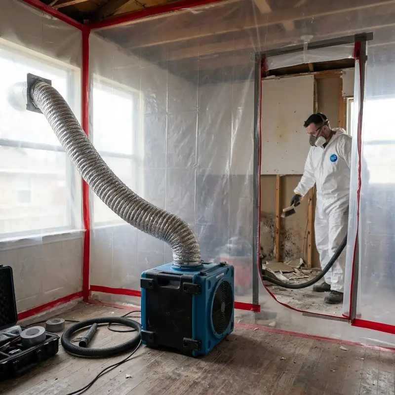 Air scrubber exhausting through a sealed plastic containment wall