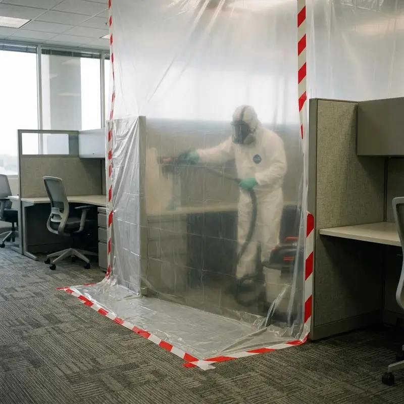 Office cubicle area with a section of carpet and wall sealed behind plastic sheeting