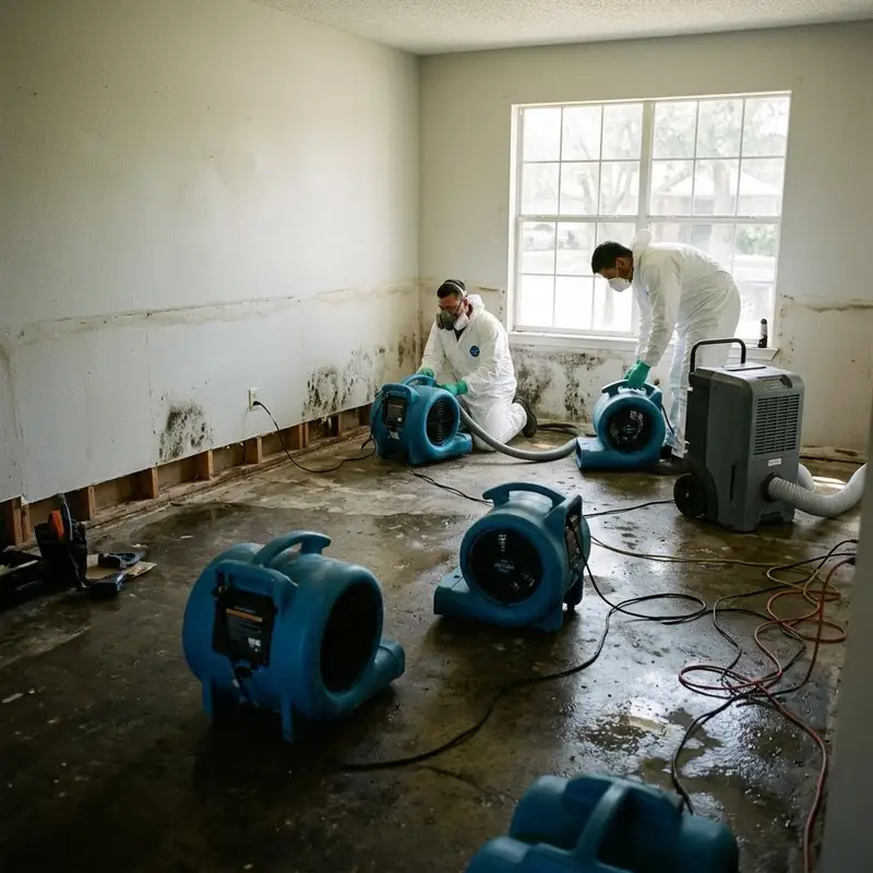 Living room with water line marks on the walls and air movers drying the floor after flooding