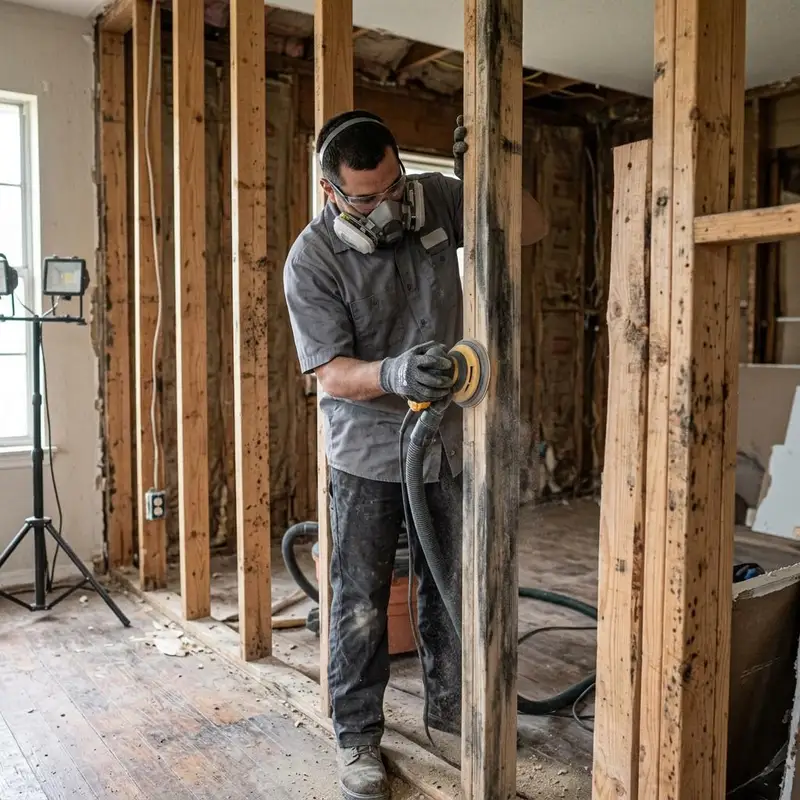 Exposed wood framing studs being sanded and treated with faint dark staining on some studs